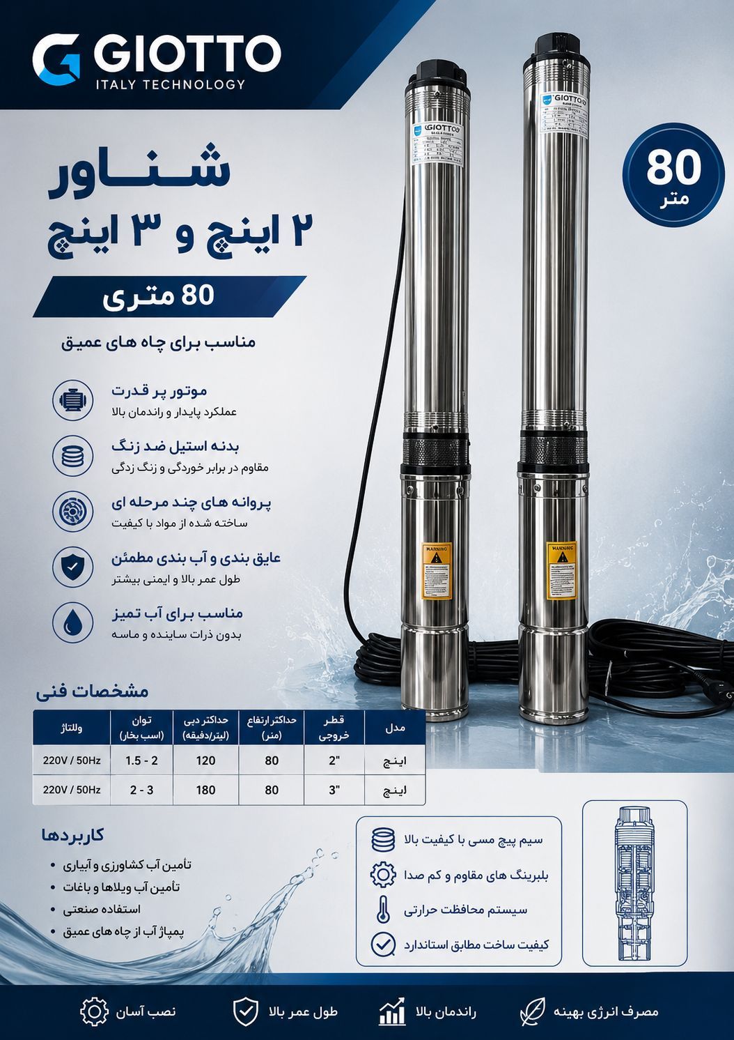 پمپ شناور ۸۰ متری ۲ اسب ۲ اینچ جیوتو مدل 100QjD2 80/16.2.2L