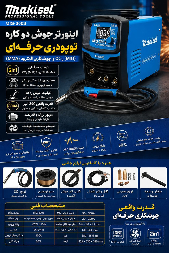 دستگاه جوش دو کاره تو پودری طرح ماکیتا مدل MIG_300s